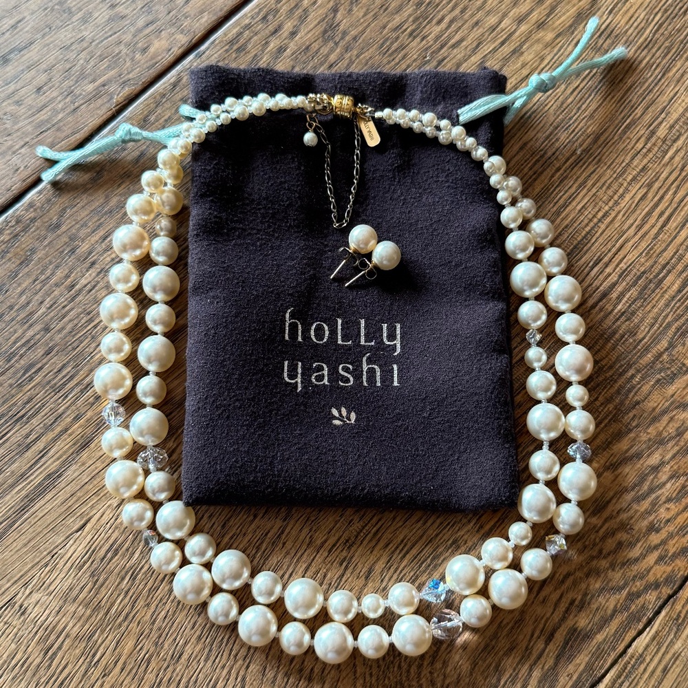 Holly Yashi, Double Strand Pearl Necklace & Stud Earrings & Storage Pouch